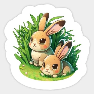 bunnies on grass - cartoon drawing Sticker